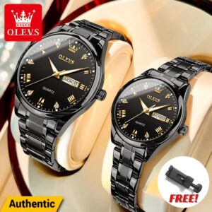 🕰️ OLEVS 5563 Couple Watch – Two Tone Chain (Black Dial)