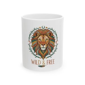 Wild & Free Lion Ceramic Mug — Boho Lion Coffee Cup (11oz, 15oz)